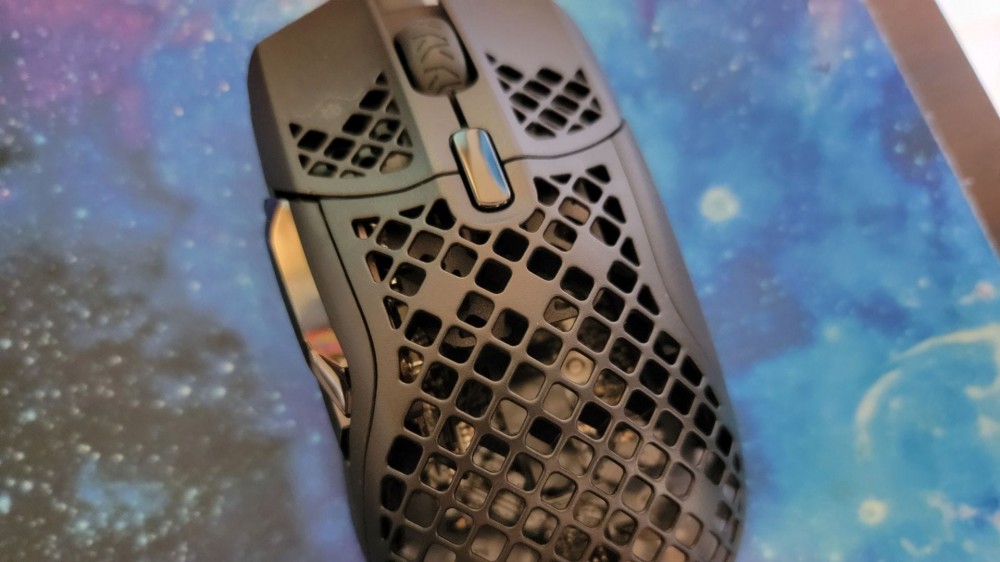 closeup of the steelseries aerox 5 wired gaming mouse without any led lights turned on