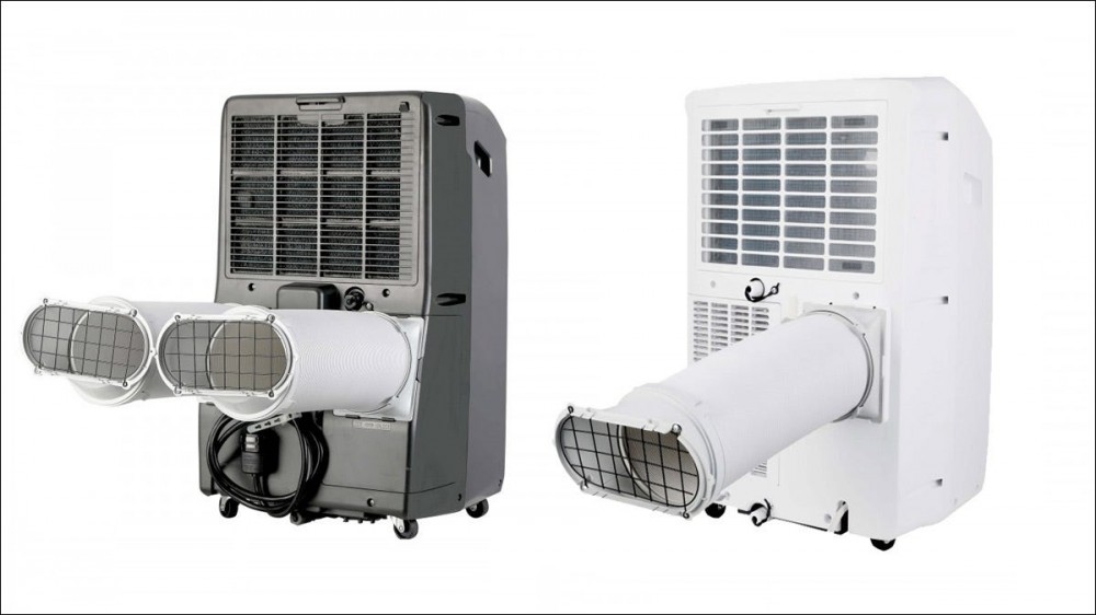 Examples of a dual-hose and single-hose portable AC unit.