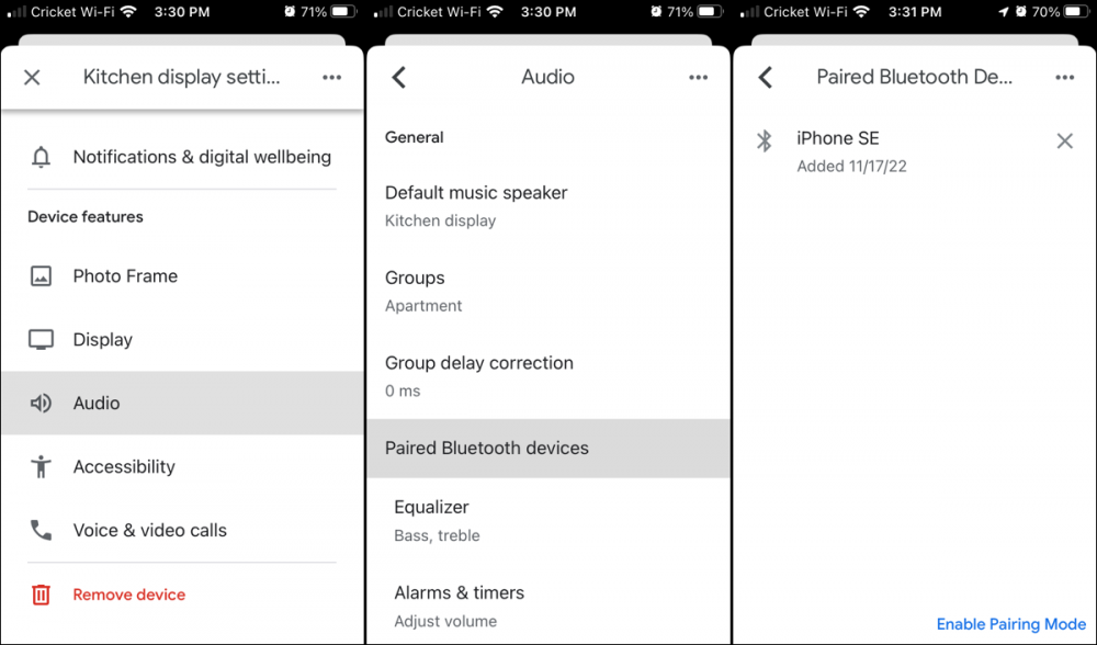 Bluetooth settings in Google Home app