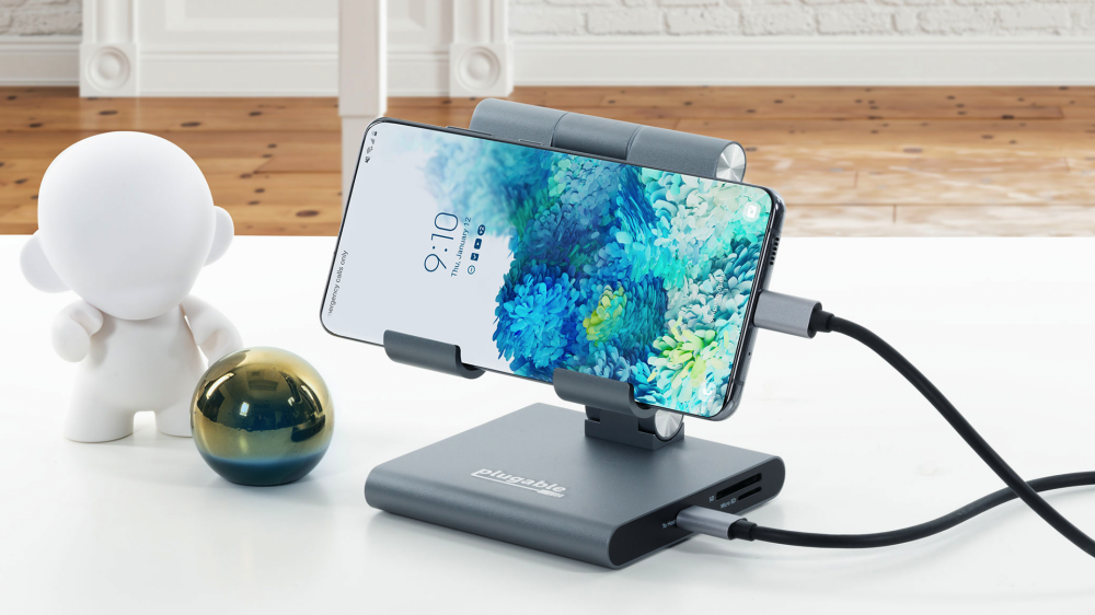 A Samsung smartphone in the Plugable USB-C Stand Dock