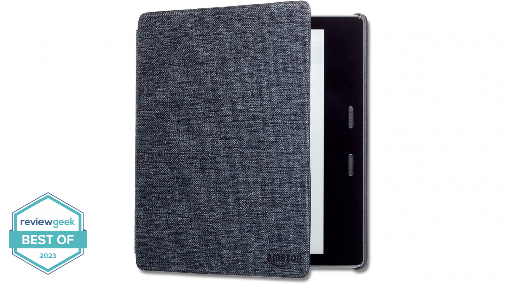 A fabric Kindle Oasis case is shown partially open.